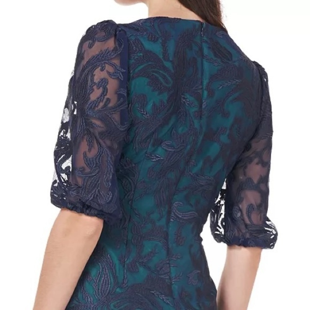 JS Collections Embroidered Sheath Dress in Navy Blue/Kelly Green - Picture 4 of 14